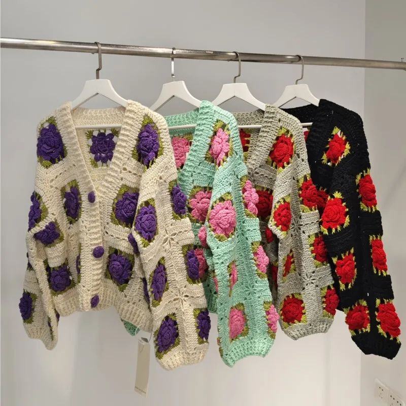 Bohemian Hand-crocheted Knitted Cardigan 2025 Autumn And Winter 3D Rose Hollow V-neck Long-sleeved Boho Vintage Sweater Top
