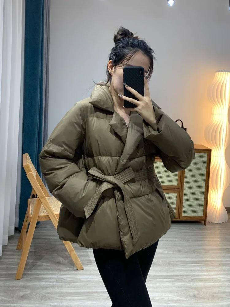 Fashion Notched collar down jacket 2023 Autumn Winter Long sleeve puffer coat with sashes Warm Solid Clothing Female INKEO 3O107