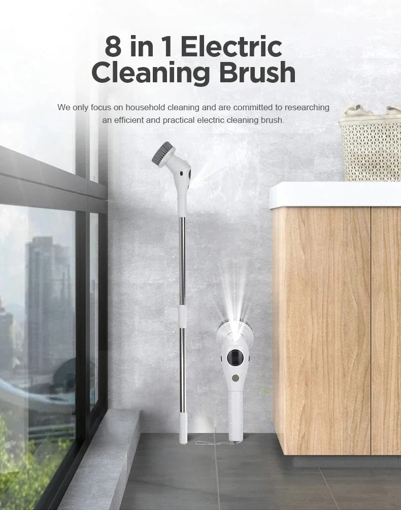 Multifunctional Electric Cleaning Brush 8-in-1 Bathroom Kitchen Brush Cleaning  With LED NightLight Rotatable Household Brush