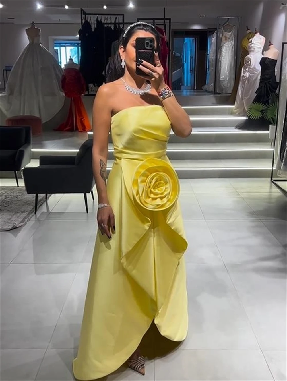 

Customized Sparkle Exquisite Classic Modern Style Formal Evening Strapless A-line Flowers Pleat Satin Bespoke Occasion Dresses