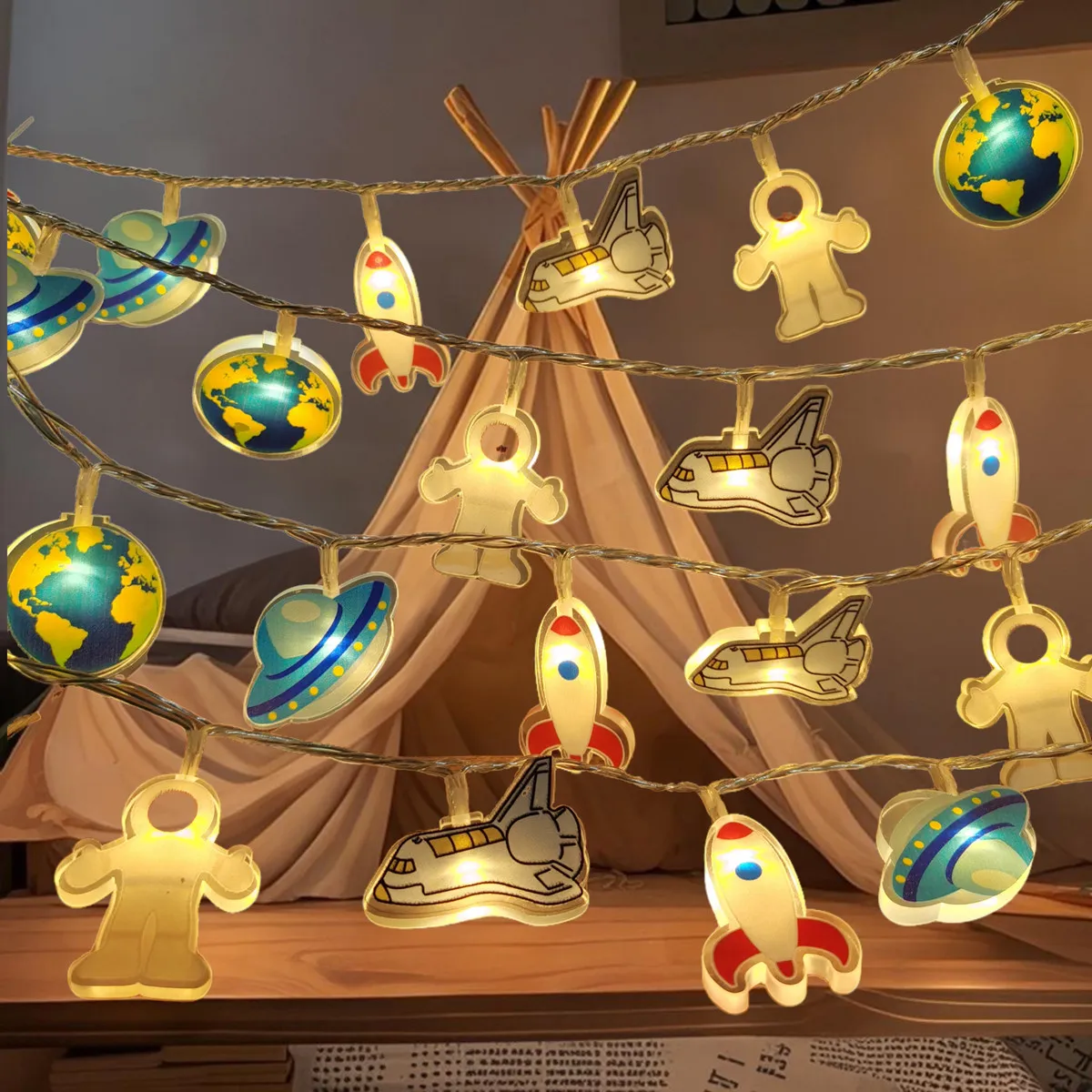 Outer Space LED Fairy String Lights Astronaut Rocket Planet UFO Shaped Lights Kids Bedroom Birthday Party Decorations