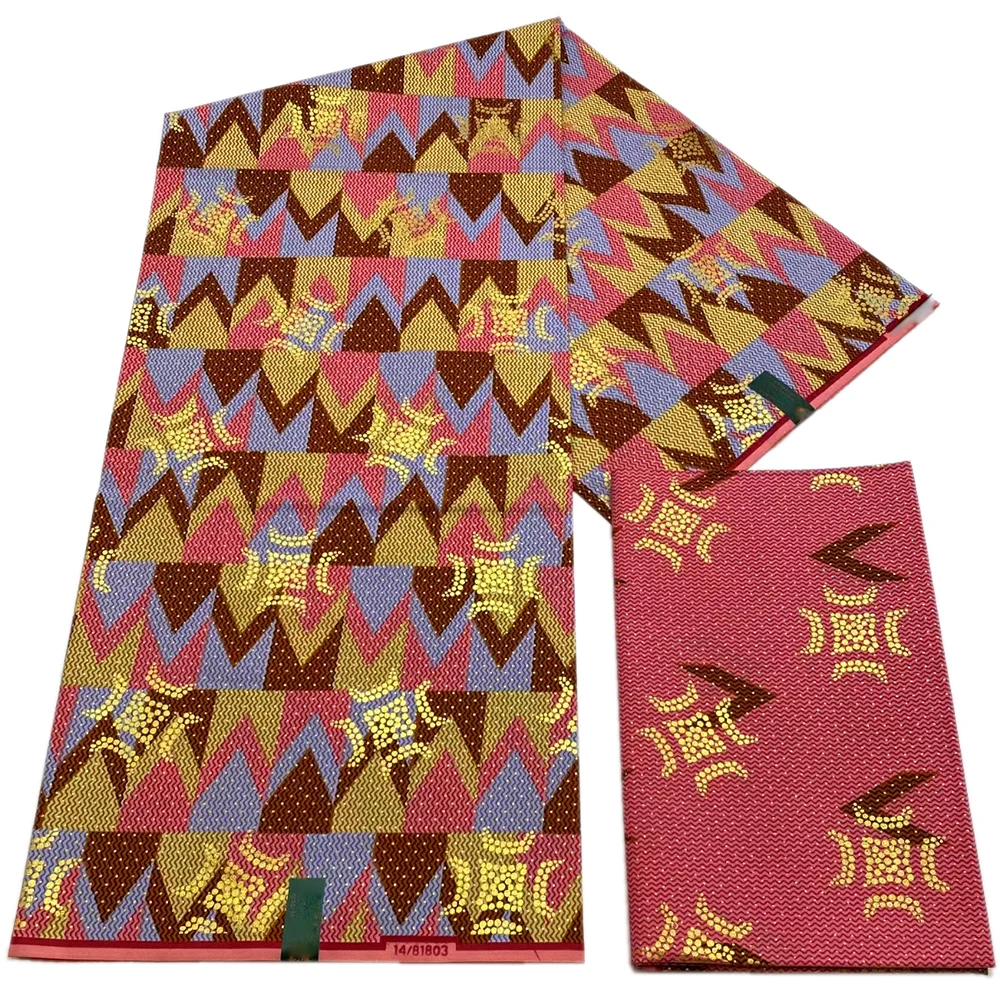 2024 Newest African Kente Fabric gold Real Wax Fabric Nigeria Ghana Style Tissu Sewing Dress Craft DIY 100% Cotton 4+2 yards