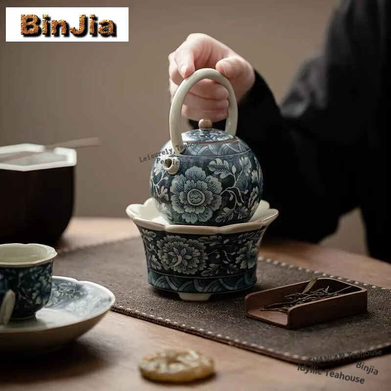 200ML Antique Ru Kiln Lifting Beam Teapot Creative Blooming Flowers Pot Tea Maker Kettle Chinese Tea Set Accessories Decoration