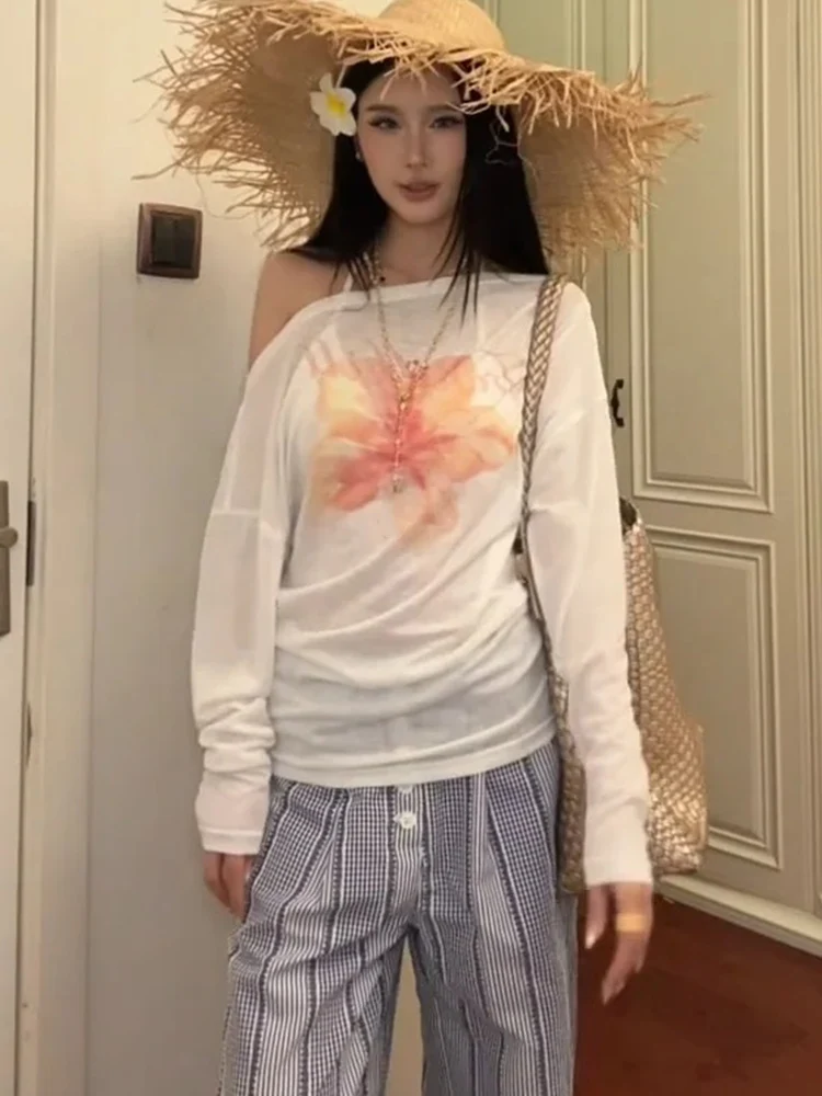 Off Shoulder Printed White Long Sleeve T Shirts Women Y2k Aesthetic Transparent Loose Basic Tops Sweet Casual Tees Ropa