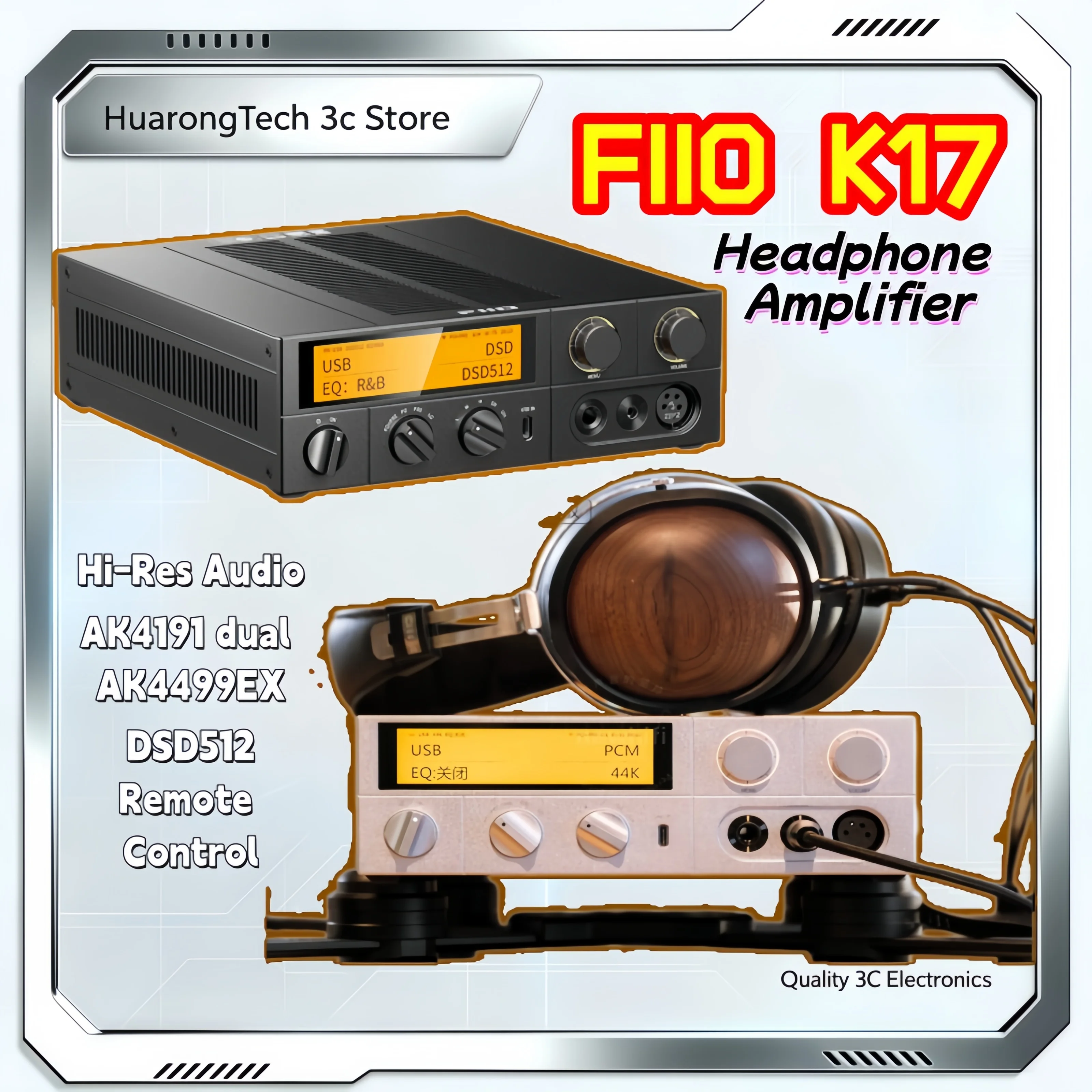 FiiO K17 Headphone Amplifier Desktop DAC AMP HiRes Audio AK4191 Dual AK4499EX DSD512 PCM768 With Remote Control Aluminum Alloy