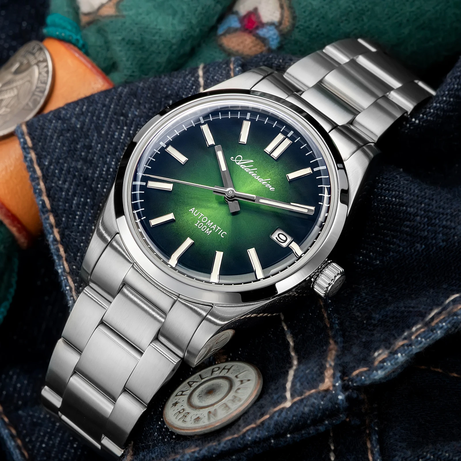 ADDIESDIVE New Men Watches Sappire NH35 Automatic Mechanical Watch Green Gradient Sunburst Dial Waterproof AD2071 Man Wristwatch