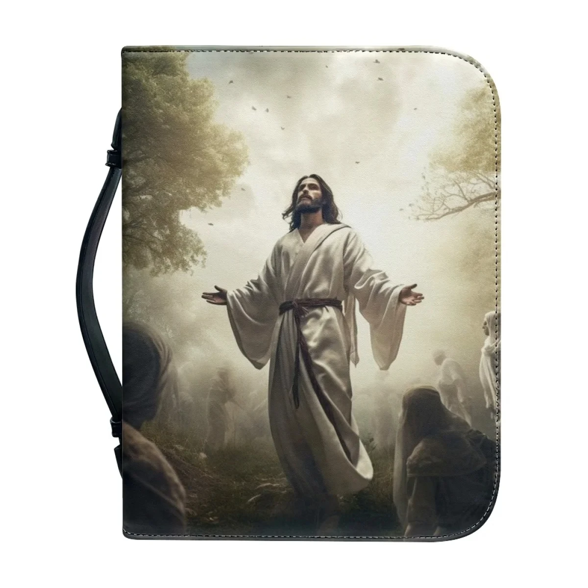 Jesus Pattern Print Bible Cover Case Leather Bible Bag for Women Zipper Handle Handbags Christian Practical Bible Storage Bags