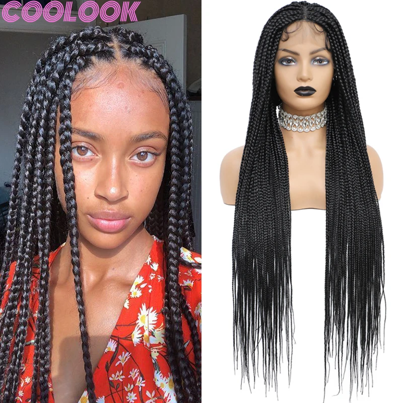 

Synthetic Full Lace Box Braid Wig with Plaits Artificial 36inch Knotless Bouncy Braids Wig Transparent Lace Frontal Braided Wigs