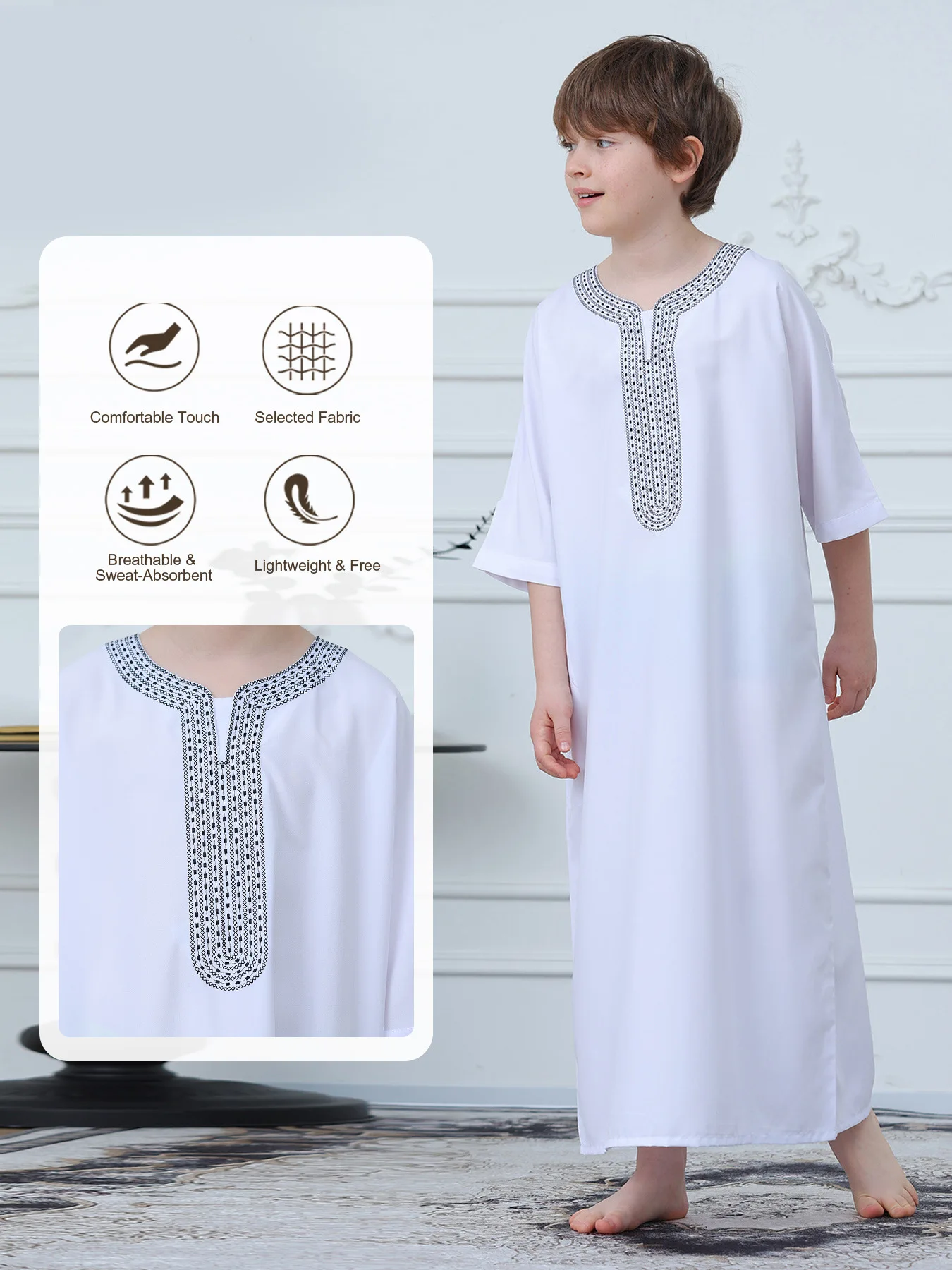 

Boys Islamic Jubba 3/4 Sleeve Round Neck Geometric Embroidery Soft Fabric Kids Muslim Thobe Robe For Daily Prayer Eid Occasions