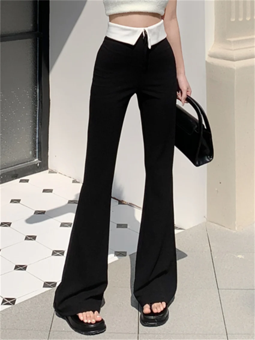 

PLAMTEE Black Slim Trousers Solid 2023 Vintage New Office Lady Streetwear Loose Chic Casual Work Wear All Match Flare Pants