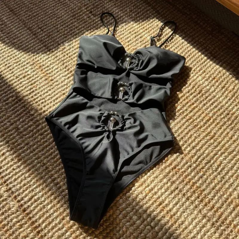 Cikini anneau en métal, clou en acier, bikini sans bretelles, maillot de bain une pièce évidé couleur unie maillot de bain de plage d'été maillot de bain