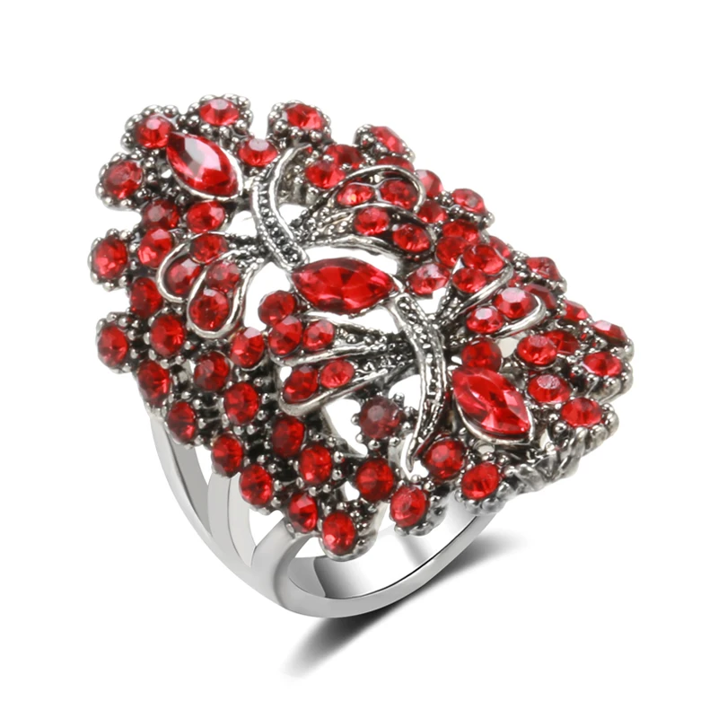 Kinel Vintage Big Hollow Red Rhinestone Dragonfly Rings Women Tibetan Silver Wedding Party Boho Jewelry Z0044 SSI