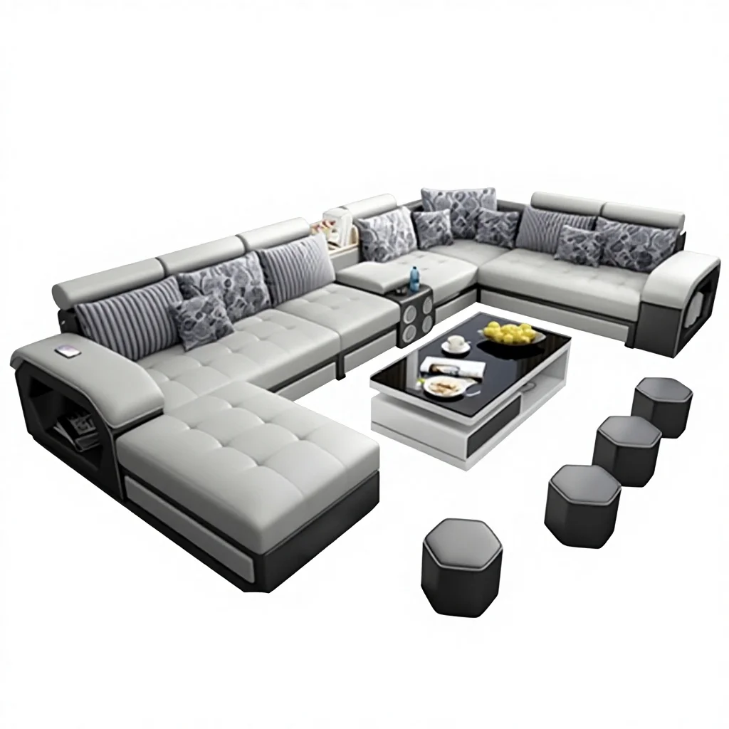 

#Modern Removable Washable Fabric U-Shaped Sofa Set Technical Cloth Linen Cloth Living Room Sofa With USB Bluetooth