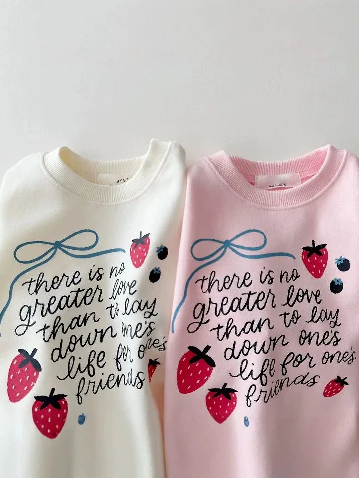 New Autumn Girls Sweatshirt Strawberry Bow Print Round Neck Letter Graphic Cute Fashion Pullover Fall Toddlers Tops 90-150