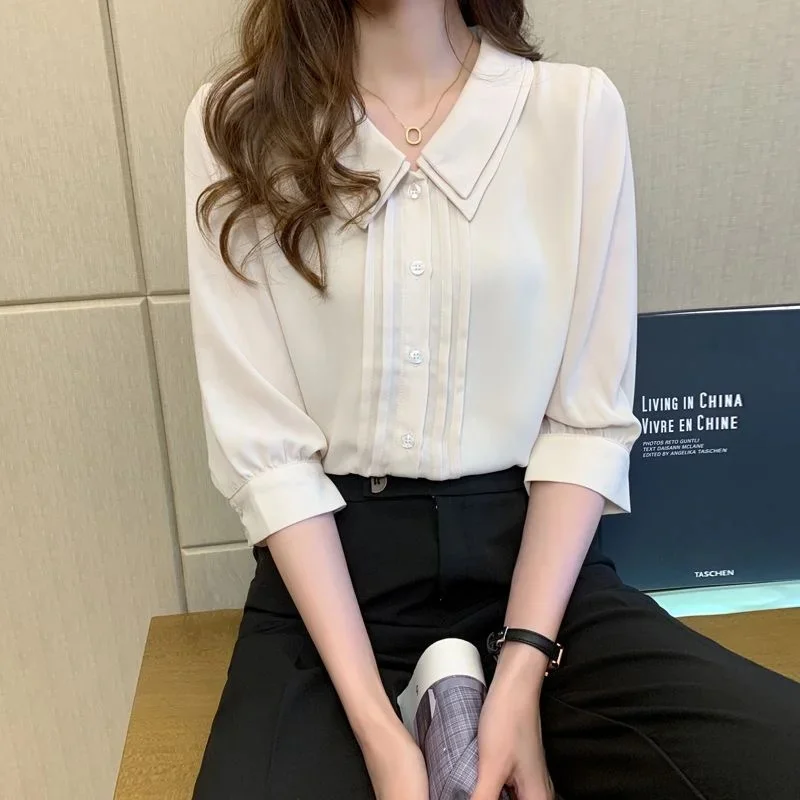 

Woman Spring Summer Style Blouses Shirts Lady Casual Half Sleeve Peter Pan Collar Blusas Tops