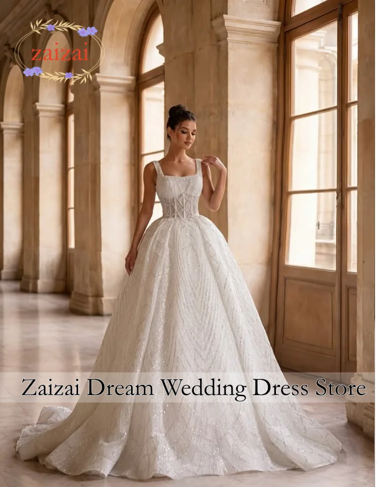 Customized Luxury Beaded Glitter A-Line Wedding Dress Square Collar Neck Sleeveless Bridal Gown Robe De Mariage Vestido De Novia