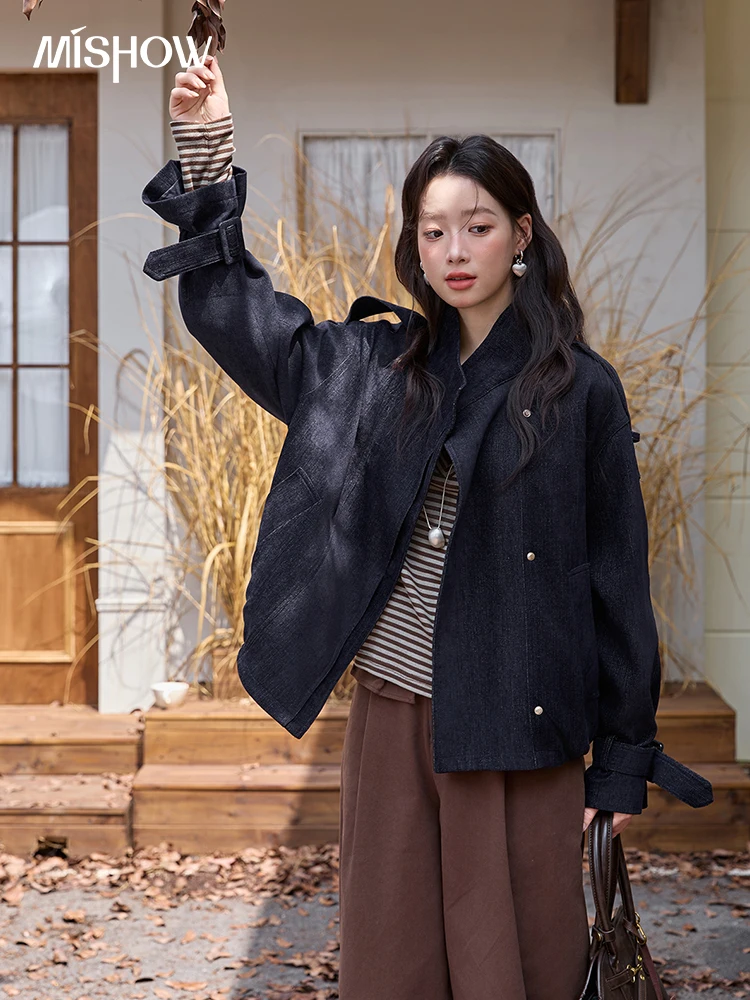 

MISHOW темно-синяя короткая куртка для женщин, осень-зима 2022, стиль сафари, воротник-стойка, эполетка, дизайнерская куртка с манжетами MXE49W0901