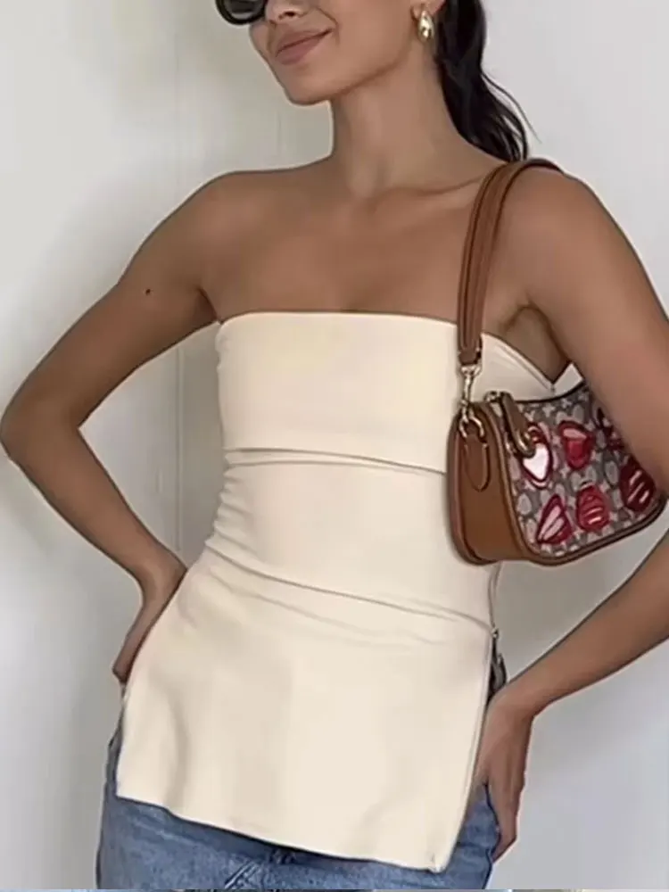 เสื้อครอปท็อปทรงบัสติเยร์แบบรัดรูป HH Sexy สำหรับผู้หญิง แฟชั่นฤดูร้อนปี 2024 แบบไม่มีสายรัดหลัง เปิดไหล่ รูดซิปด้านข้าง สไตล์วินเทจ