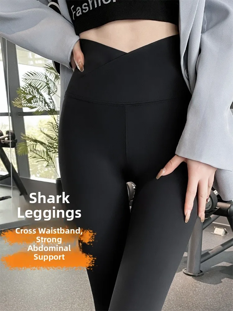 

Женские летние тонкие леггинсы для йоги с высокой талией и перекрестным поясом из ткани Sharkskin, эластичные, с эффектом утяжки живота и подтяжки ягодиц