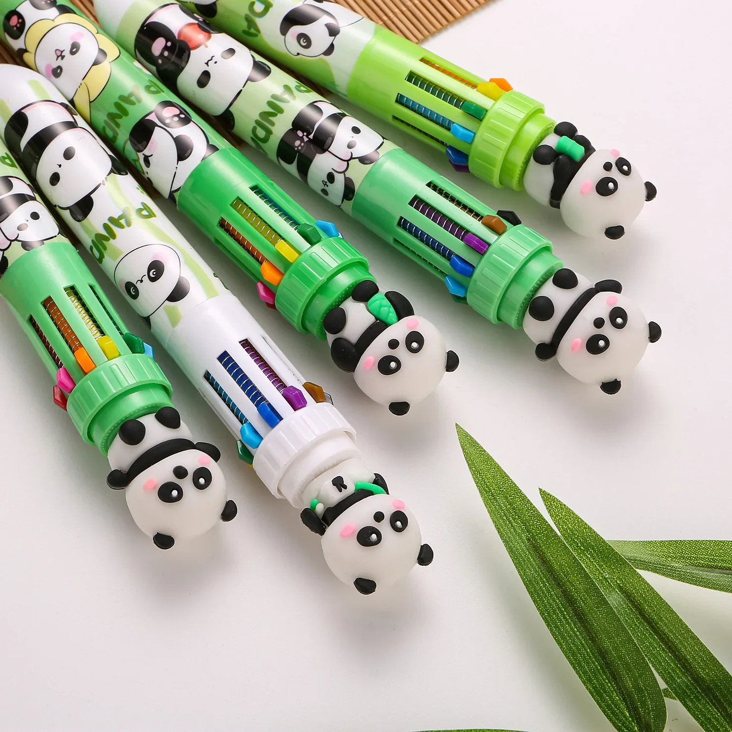 4Pcs Wholesale cartoon panda ten-color ballpoint pen student ten-in-one press-type color stationery pen school supplies