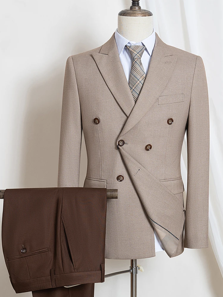 

High Quality Jacket+pants elegant light coffee fine grain double breasted gentleman's suit set Stereoscopic cutting lapel collar