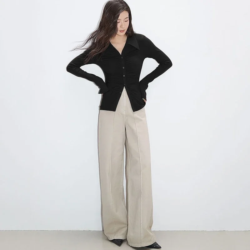 Rimocy-Chemise de Bureau à Manches sulfpour Femme, Coupe Cintrée, Style Coréen Plissé, Simple Boutonnage, Col Rabattu, 2024