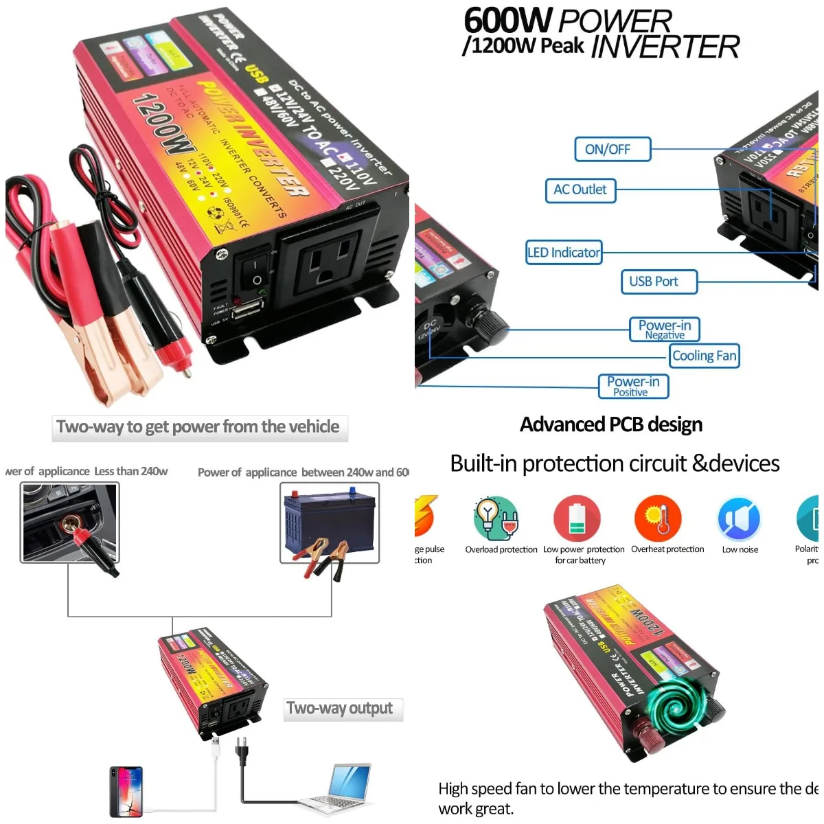 

600W/1200W Peak Inverter 12V/24V to 110V AC with USB & AC Outlet for Car, RV, Camping
