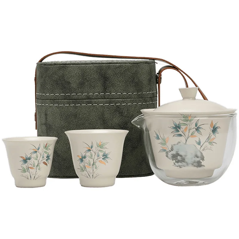 

Handmade thickened storage leather bag travel tea set one pot two cups portable cloth bag