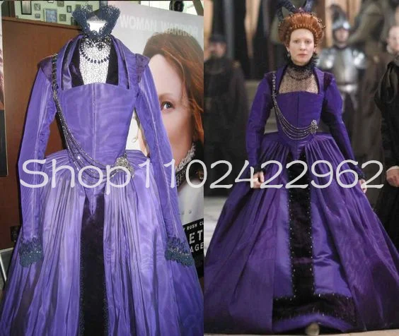 Purlpe Tudor Costume Prom Dresses Long Sleeve Elizabeth the Golden Age Autumn Bustle History Halloween Evening Gown