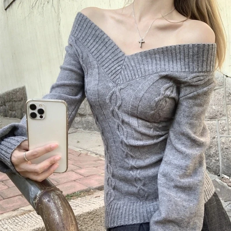 Deeptown Korean Style Grey Sexy Sweater Women Sweet Off Shoulder V-neck Knitted Pullover Slim Up Fashion Long Sleeve Sweaters