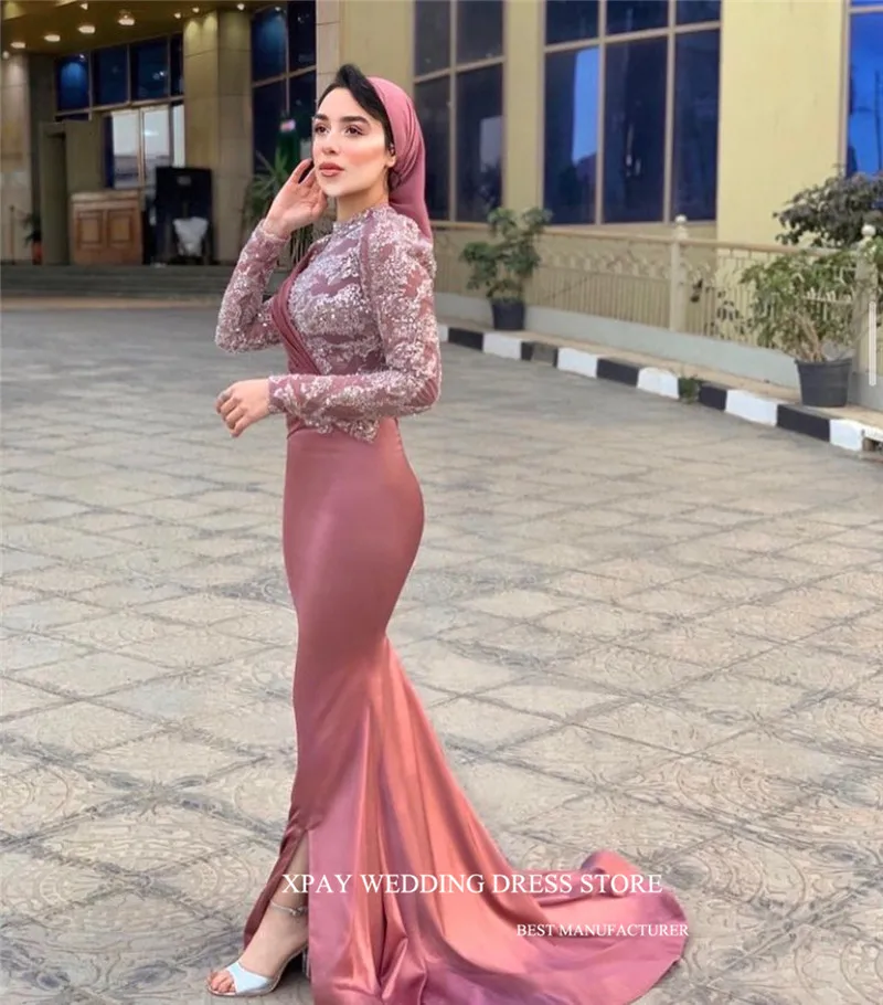 XPAY Modest Glitter Blush Pink Evening Dresses Dubai Arabic muslim Women Long Sleeves High Neck Satin Prom Formal Gowns Elegant