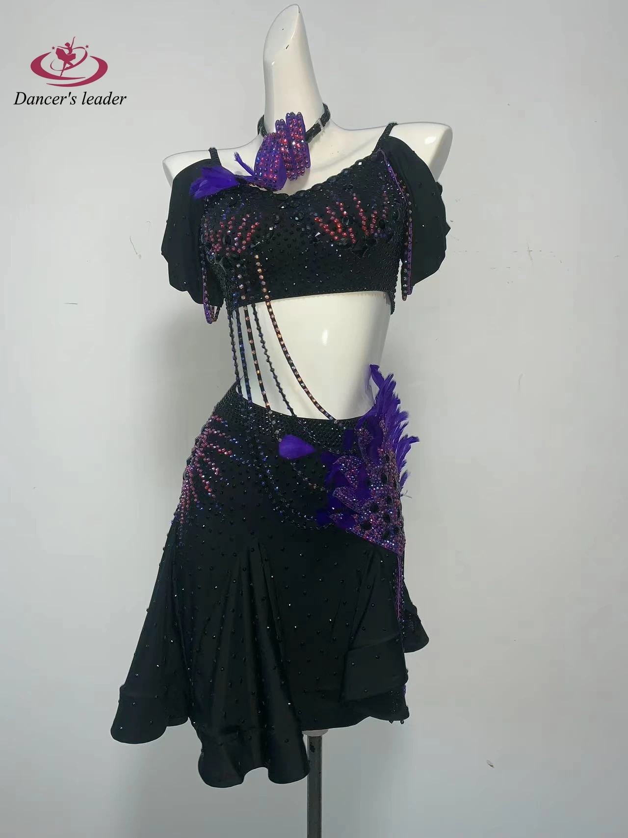 ラテンダンス衣装ダイヤモンド女性大人子供ハイエンドカスタマイズされた紫色の羽サンバパフォーマンスドレス