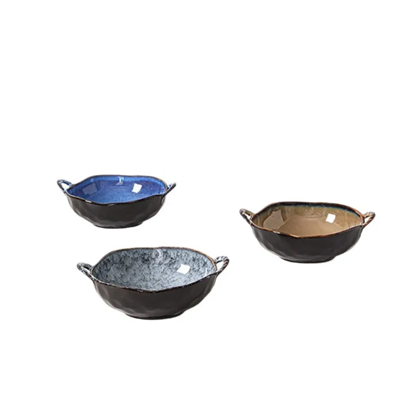 High Aesthetics Ceramic Bowl Irregular Design Double Ears Heatproof Noodle Soup Bowl