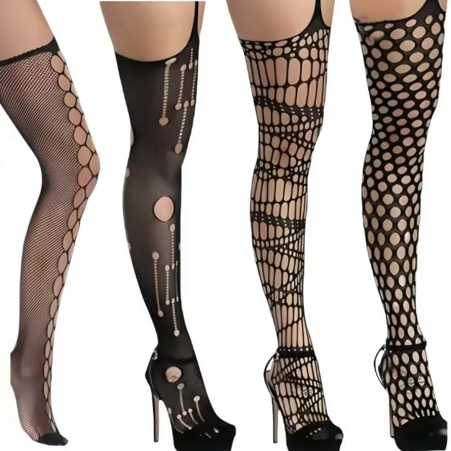 Plus Size Hollow Out Pattern Garter Belt Fishnet Stocking Tights Sexy Thigh-High Suspender Body Stockings Pantyhose for Women X