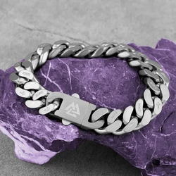 Stainless Steel Thick Cuban Chain Bracelet Men's Nordic Valknut Rune Amulet Bangle Biker Punk Hip Hop Carved Cross Heart Jewelry