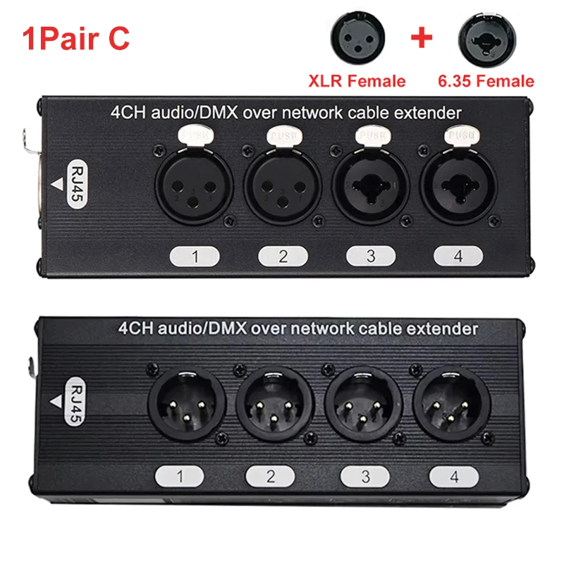 1 paar 4-kanaals 3-pins XLR of 6,3 mm audio en DMX over netwerkkabelverlenger, DMX512 netwerksignaalverlenger mannelijk + vrouwelijk