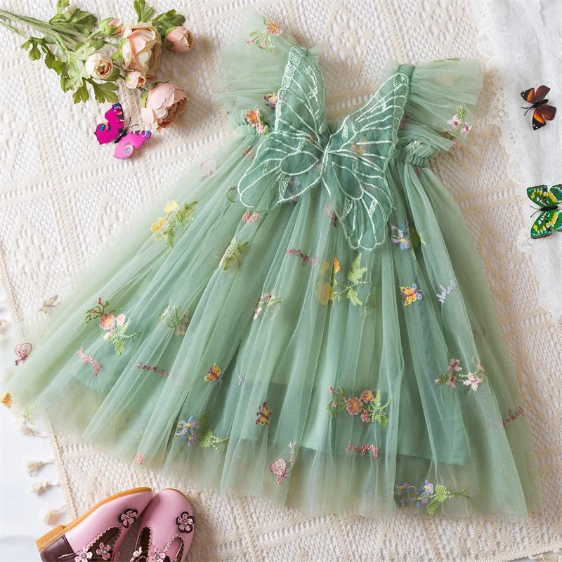 6M-5Y Summer Toddler Kid Baby Girls Tulle Dress Sweet Embroidery Flower Princess Dress for Girls Party Beach Holiday Clothing