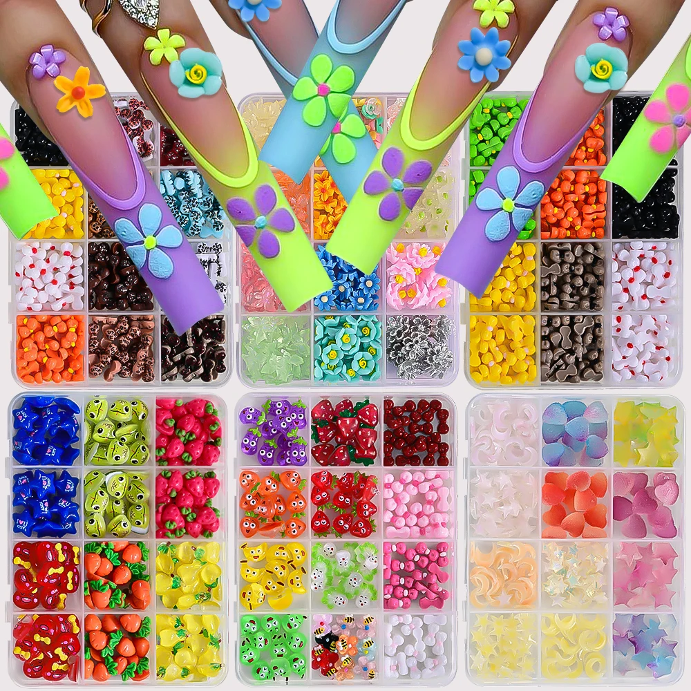 

12Grid 3D Mixed Mini Bow Nail Charms Resin Bowknot Heart Flower Nail Art Decorations Fruit/Vegetable Rhinestone DIY Nail Crafts