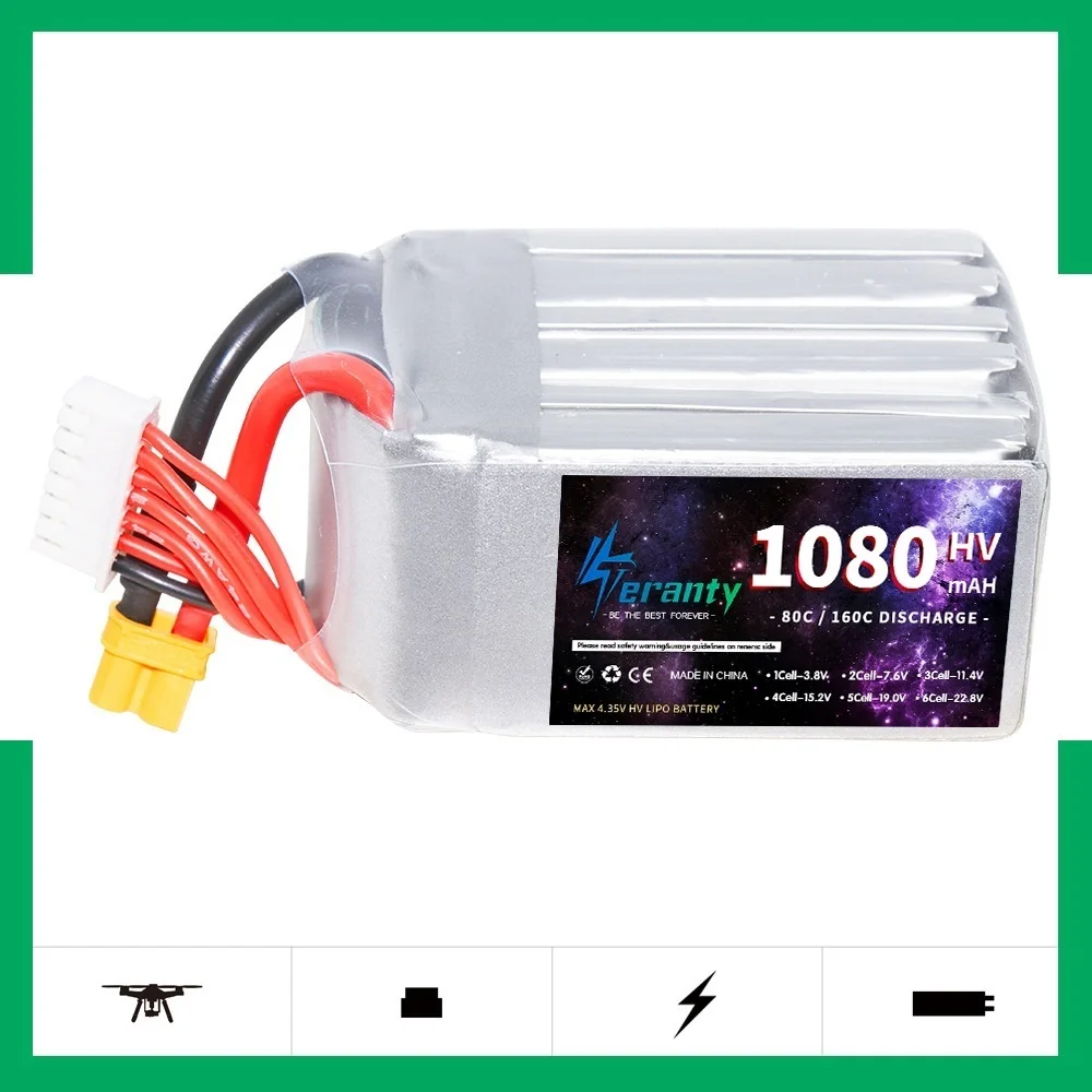 2PCS TERANTY HV 6S Battery 1080mAh 6S 22.8V 80C LiHV Lipo Battery XT30 XT60 Plug For Racing Car RC Drone Helicopter Aircraft FPV