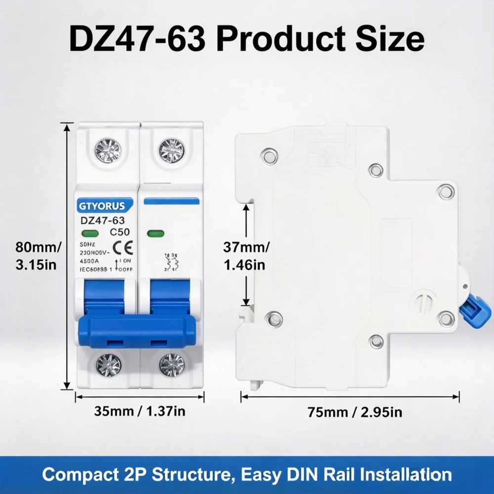 GTYORUS DZ47-63 2P Mini Circuit Breaker 2P 25A/63A AC MCB 2pcs Package Household Overload Short Circuit Protection Air Switch 230/400V