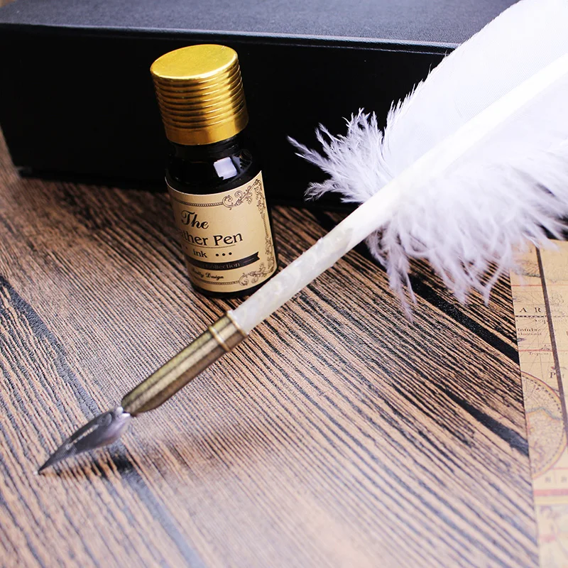 1 Set Retro Quill Dip Pen Turquia White Feather Pen Presente Escrita Ferramentas Office School Supply Presente de Aniversário