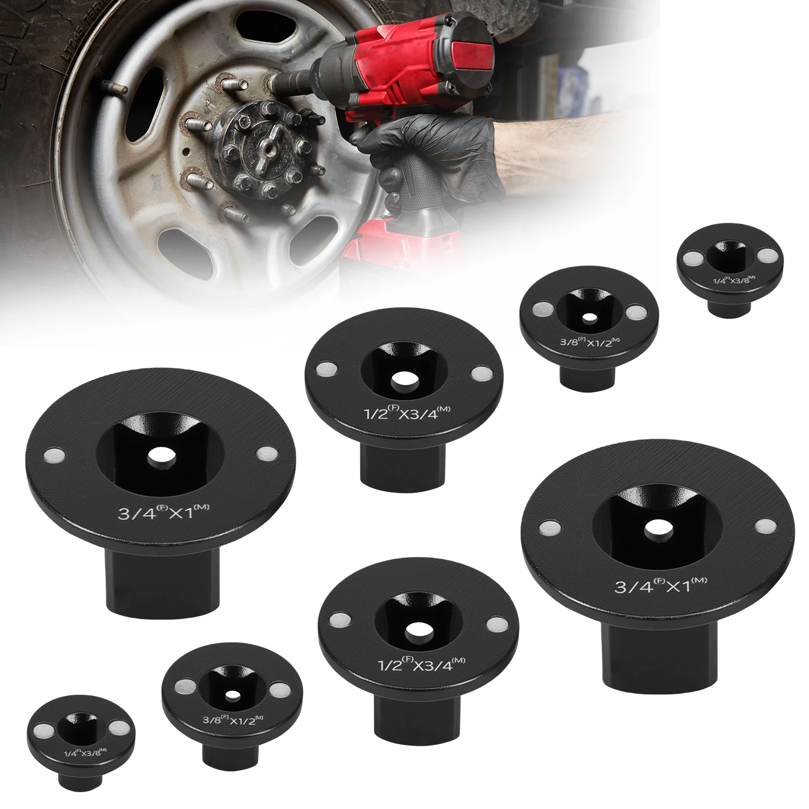 

Набор из 8 низкопрофильных магнитных адаптеров для ударных гайковертов: 1-3/4 дюйма, 3/4-1/2 дюйма, 1/2-3/8 дюйма, 3/8-1/4 дюйма