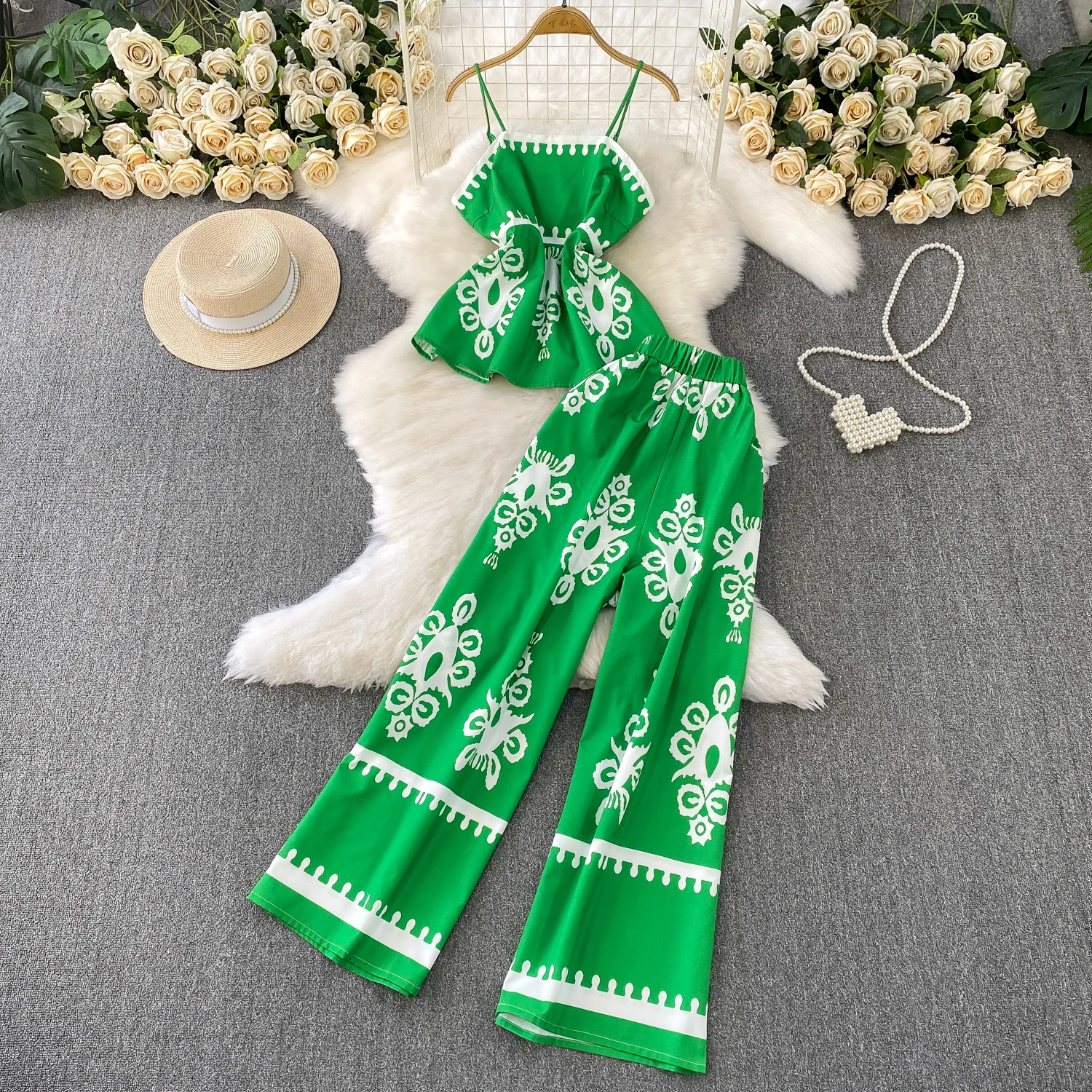 

Женские брюки с принтом, комплект из 2 предметов, камзол с квадратным вырезом, широкие брюки, комплекты американской моды, элегантный летний женский костюм