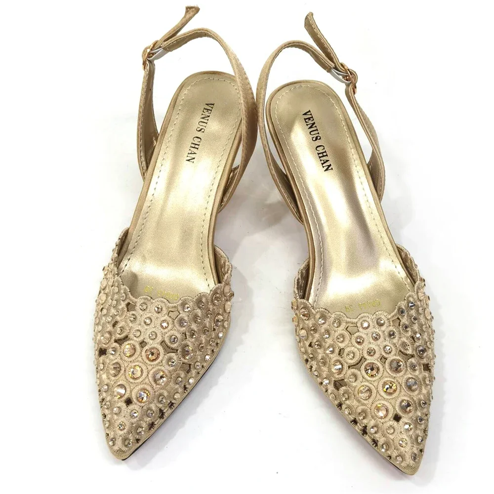 Venus Chan-Conjunto de zapatos y bolso para mujer, calzado de tacón alto, Color dorado, patrón de lujo atmosférico con diamantes de imitación para