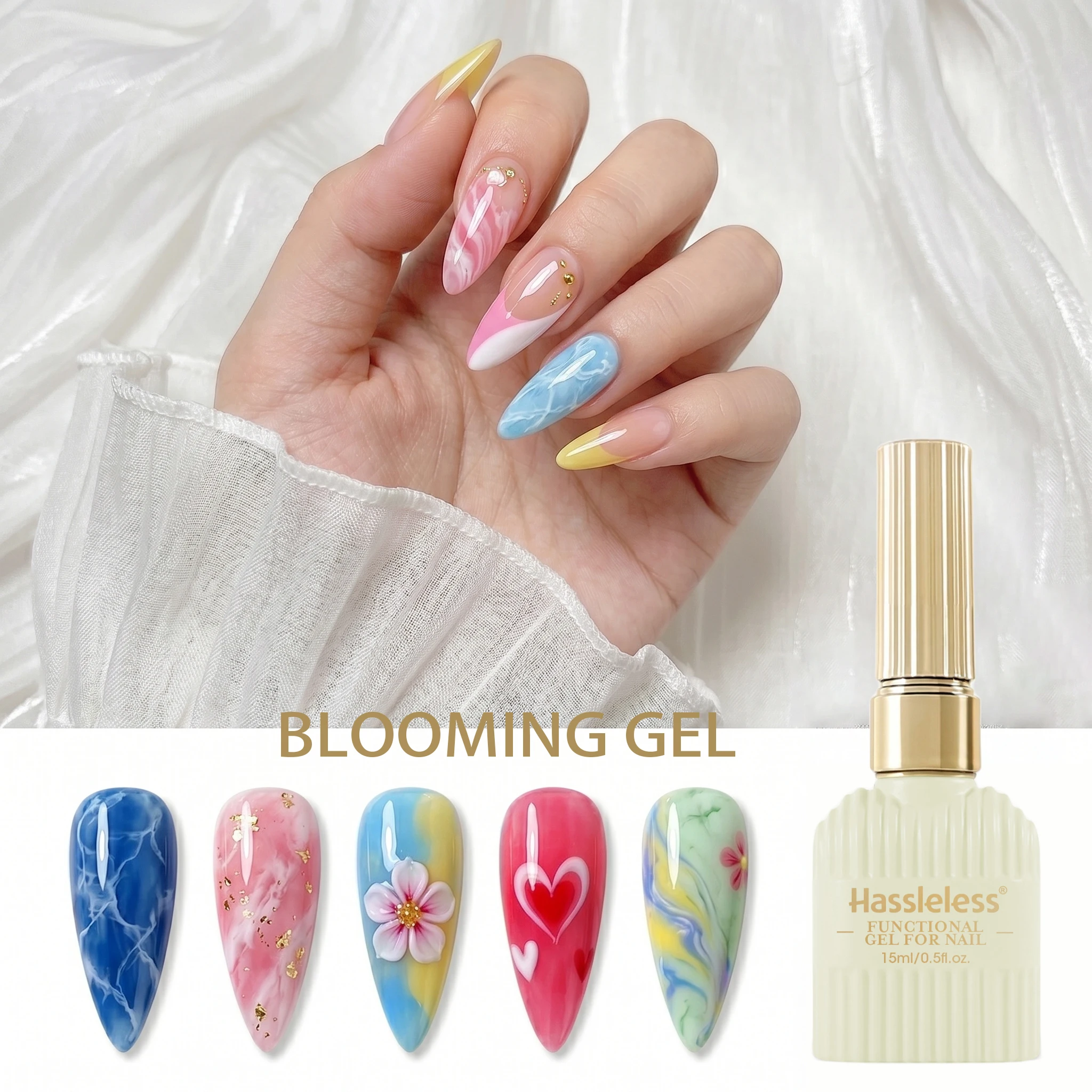 Hassleless Blooming Gel 15ml, UV/LED Cured, Soak-Off Formula, Creates Fluid Marble and Floral Nail Art Effects Easily