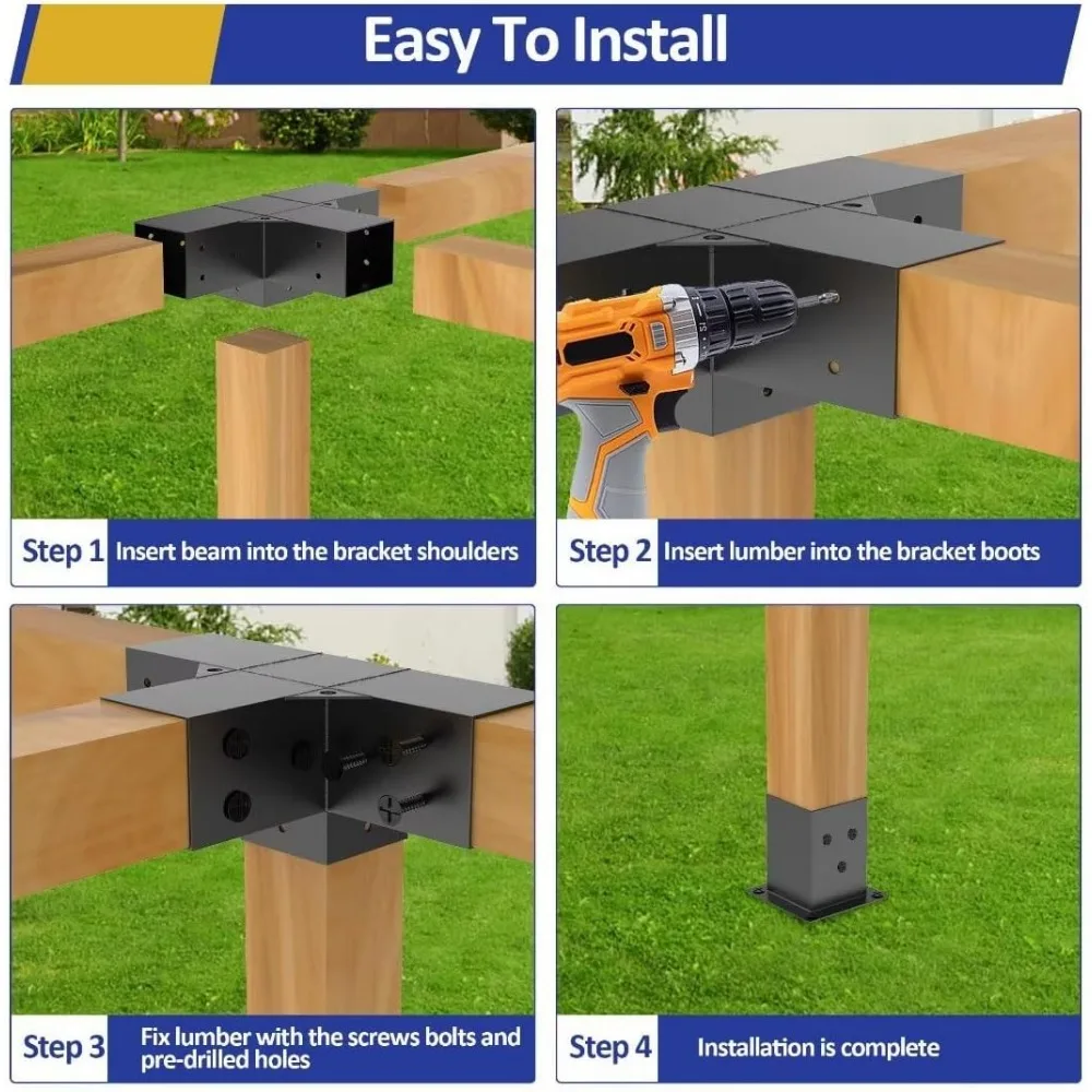 Kit de pérgola de acero de aleación pesada con soportes de 3 vías para madera de 4 "x 4", soportes de pérgola DIY adecuados para pérgola