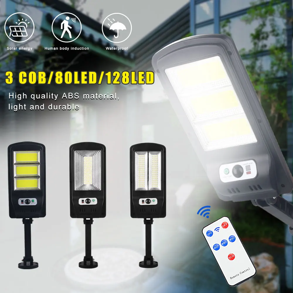 

80/128LED Solar PIR Motion Sensor Wall Light Outdoor COB Street Lamp with Remote Control Waterproof Garden Garage Security Light