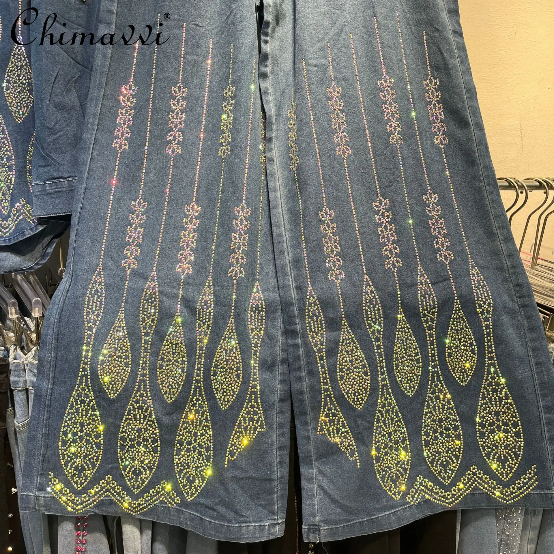 Fashion Line Design Rhinestone Denim Shirt Women European Heavy Large Size Slimming Wide-Leg Jeans Two-Piece Set 2025 Autumn