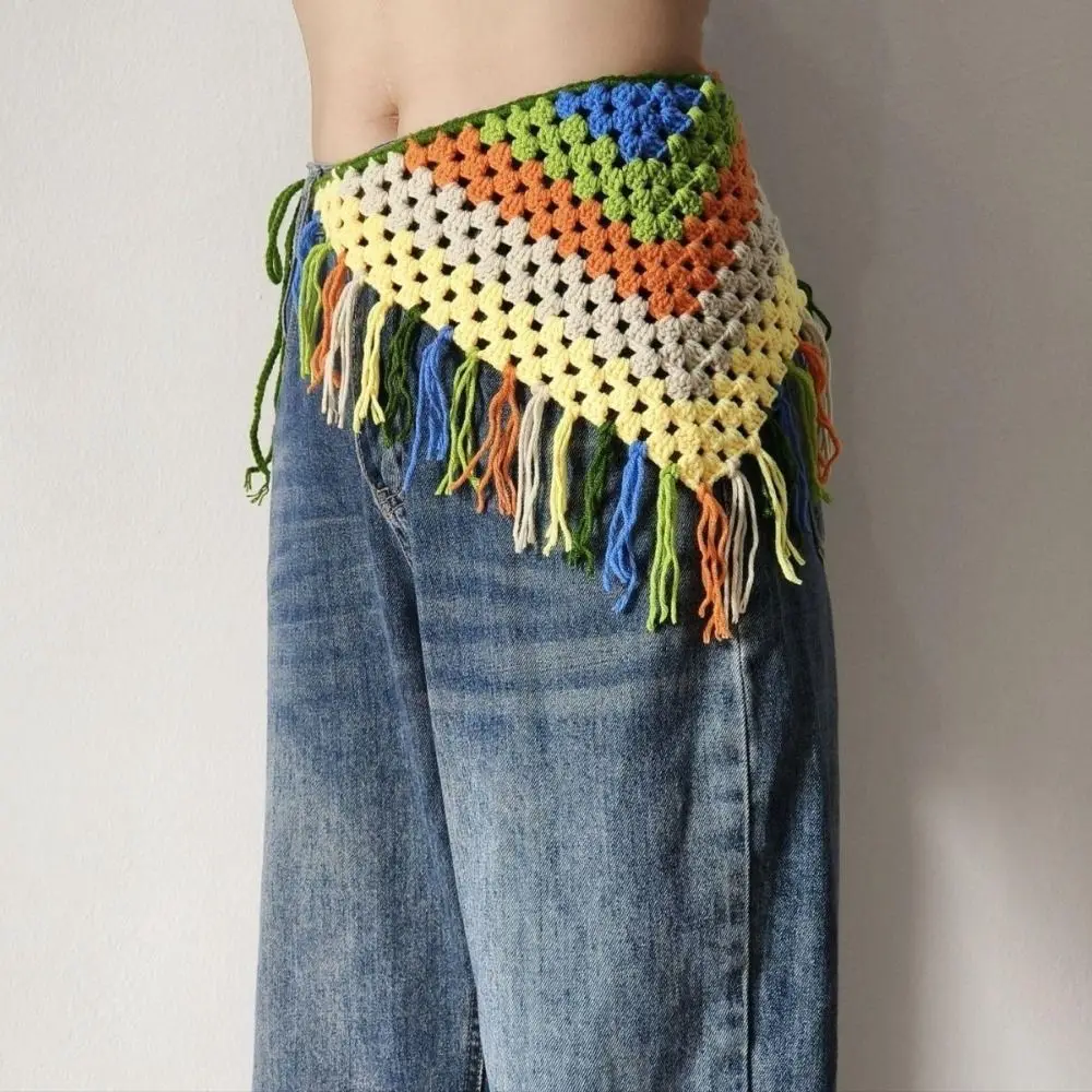 

Hollowing Out Triangle Headscarf Hand-knitted Bohemian Triangular Scarf Tie Straps Multifunctional Usage Ethnic Style