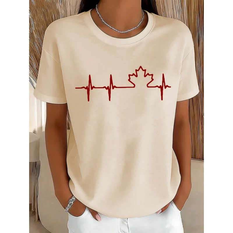 ilstile New Arrival Women's Canada Maple Leaf Print T-Shirts Summer Short Sleeve Casual Round Neck Tops White Tees